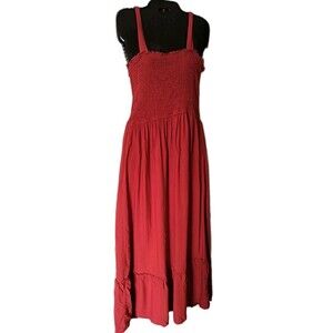 Zesica Women’s Maxi Sun Dress Size Large Orange Viscose Tie Strap Smocked Tiered